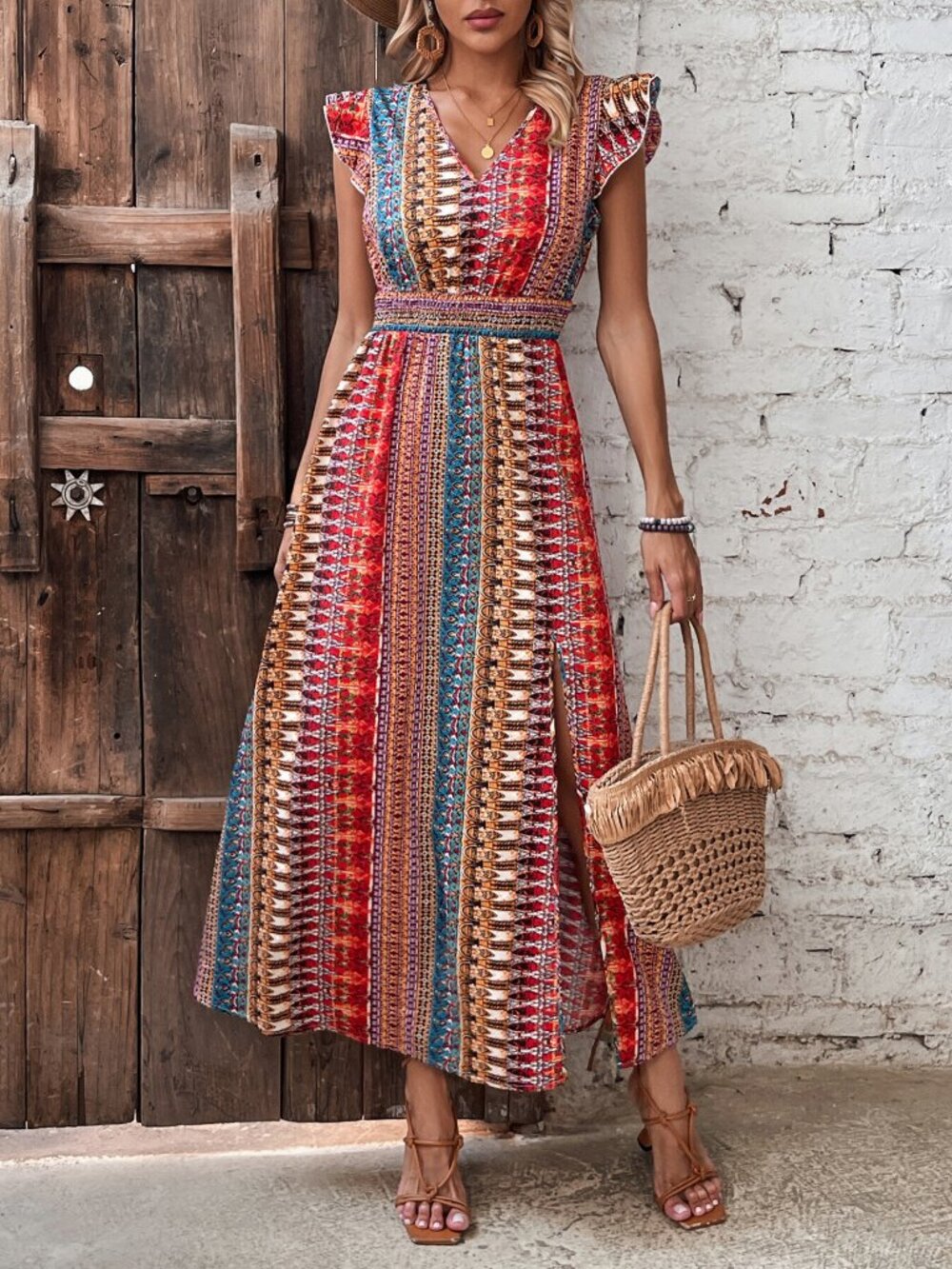 Multicolor Boho Print Ruffle Sleeve Slit Dress